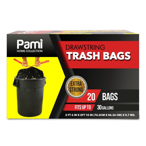 PAMI Large 30-Gallon Drawstring Trash Bags [20-Pack, Black] - Multipurpose Extra-Strong Plastic Garbage Bags- Thick Unscented Trash Can Liners For Kitchen, Bathroom, Lawn, Outdoor Bins- 2ft x2ft