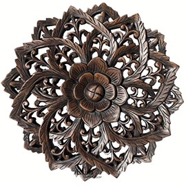 Asiana Home Decor Wall Art- Oriental Carved Lotus Round Wood Plaque in Dark Brown Finish Size 17.5"x17.5"x1"