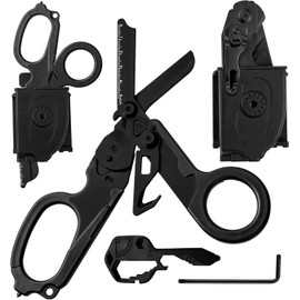 Heavy Duty 6 in 1 Multipurpose Emergency Trauma Shears Scissors with Holster, Outdoor Camping Rescue Tools with Glass Breaker, Strap Cutter Stainless Steel Foldable Scissors Pliers