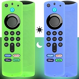 [2 Pack] Pinowu Firestick Remote Cover Case (Glow in The Dark) Compatible with Firetv Stick (3rd Gen) Voice Remote, Anti Slip Silicone Sleeve with Wrist Strap (Green and Blue)