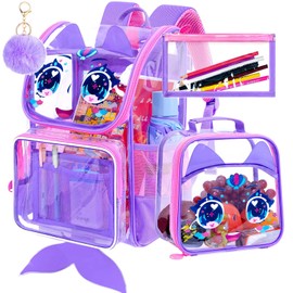 KLFVB 3PCS Girls Clear Bookbag, 15" Mermaid Transparent Backpack for Elementary School, See Through School Bag with Lunch Box - Enchanting Purple Mermaid