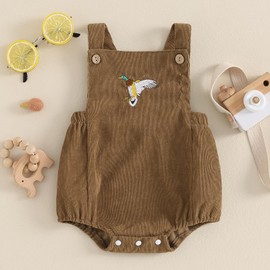 Infant Baby Boy Girl Mallard Duck Corduroy Overalls Romper Embroidery Duck Sleeveless Bodysuit Hunting Baby Clothes (Brown, 0-3 Months)