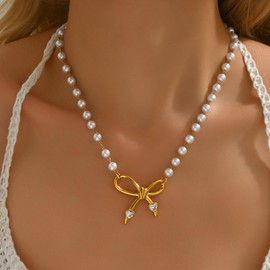 AVEKENY Pearl Necklaces for Women 18K Gold Plated Chunky Big Bow Pendant Necklace Cubic Zirconia Pearls Beaded Choker Chain Trendy Wedding Bridal Bow Jewelry