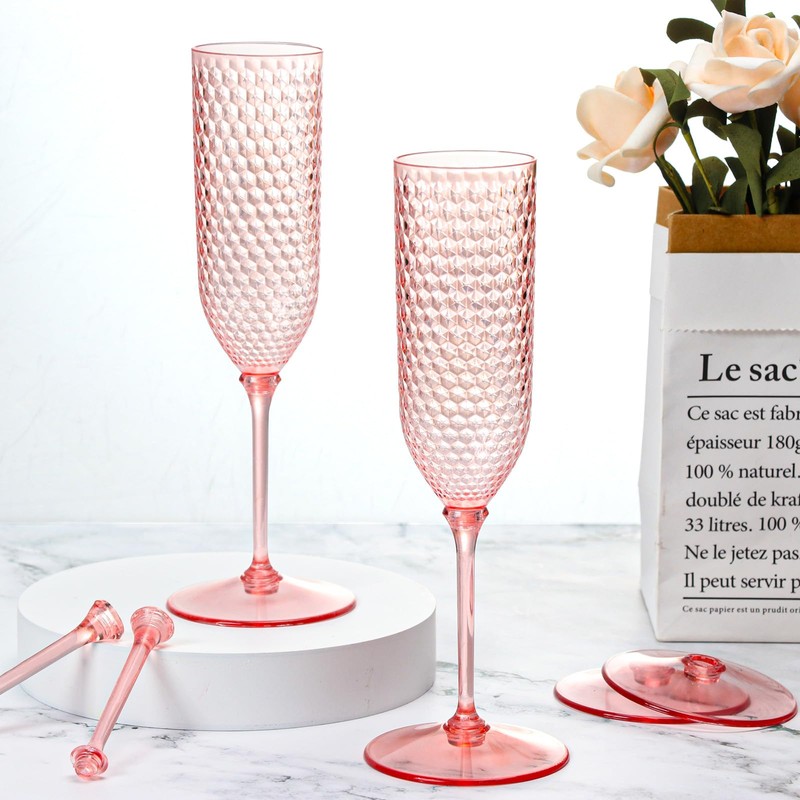 24 Pack Pink Detachable 2 piece Champagne Flutes 5.5 Oz