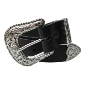 Dangerous Threads Classic Western Belt, Black Leather, 1 1/2" wide, with Engraved 3 piece Buckle Set Size 30-72 (38)