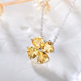 JIANGXIN November Birthstone Natural Citrine Yellow Gemstone 925 Sterling Silver Pendant Necklace for Women Lucky Four leaf Clover Plant Shamrock Jewelry for friend Wife