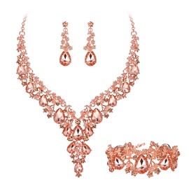 BriLove Bridal Jewellery Set for Wedding Women Crystal Teardrop Flower Cluster Statement Necklace Dangle Earrings Link Bracelet Jewelry Set for Party Prom Peach Rose-Gold-Tone