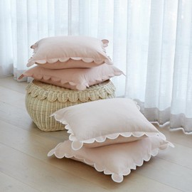 BEBE BASK Scalloped Pillow Cover - Set of 2-18 x 18 Inch - Scallop Pillow Cover - Pink Scalloped Pillows - Scallop Pillows - 100% Cotton - Grandmillennial Style (Rose Pink/Pink)