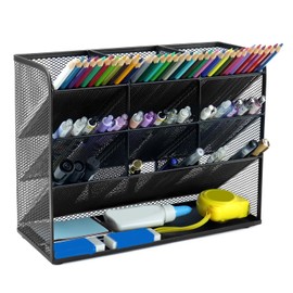 QWORK® Mesh Desk Organizer, Multi-functional Mesh Desktop Stationary Organiser with 9 Compartments for Office, School, Art Supplies (Black)