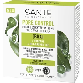 SANTE Naturkosmetik Pore Control Solid Face Cleanser - 60 g - Deep Pore Cleansing for Combination Skin - with BHA, Niacinamide Effect & Organic Green Tea - Soap-free & Dermatologically Tested