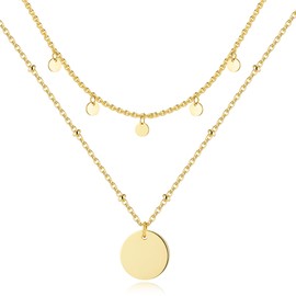 ALEXCRAFT Waterproof Boho Necklace Silver 9 Women's Gold with Round Pendants 2 Layered 14K Jewellery Chain Length 40 + 5 cm