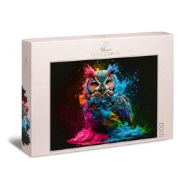 Ulmer Puzzleschmiede - Puzzle „Bunter Nachtvogel“ - Eulen-Portrait mit knalliger Farb-Explosion als 1000 Teile Puzzle - Motiv Eule aus der Puzzle-Kollektion Farben & Fantasy, Made in Germany