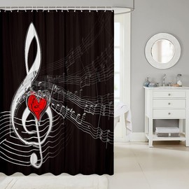Music Theme Bathroom Shower Curtain Set Flying Notes Bedding Set for Boys Girls Children Heart Love Musical Style Red Black Bath Curtain Room Decor 72"x84" Kids Bathroom Accessories