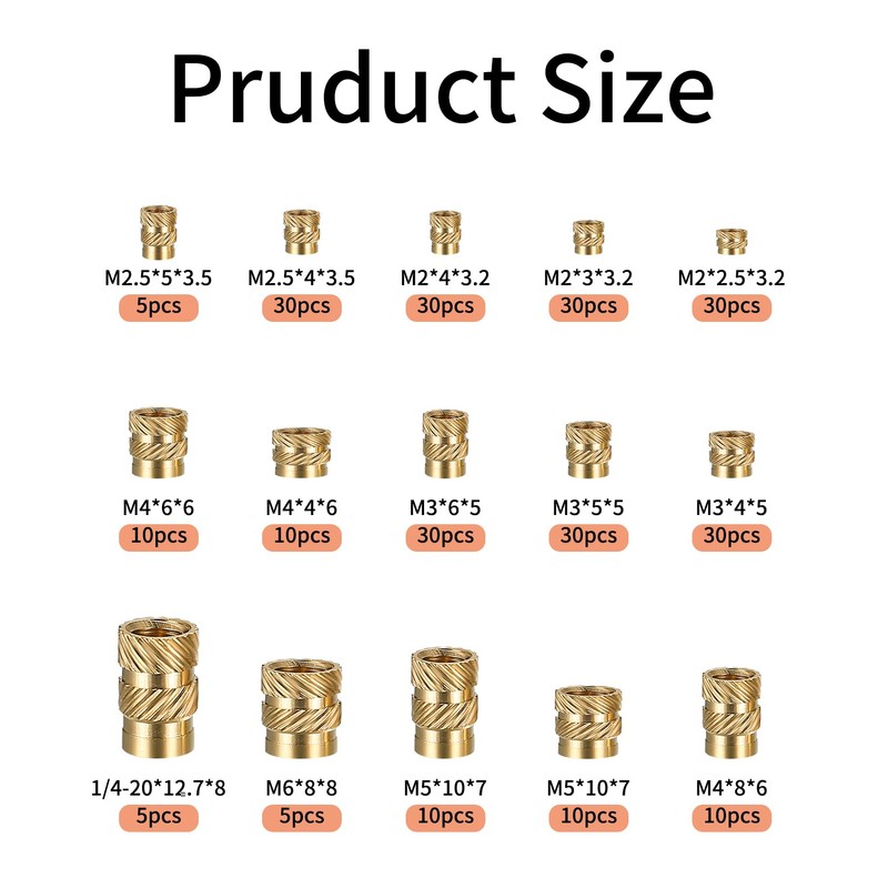 300 Pcs Brass Knurled Threaded Inserts, M2 M2.5 M3 M4