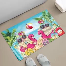APROPHIC Summer Ocean Bath Mat for Bathroom Decor, Flamingo Gnome Bathroom Rug Non-Slip Rubber Backing Carpet, Absorbent Quick-Drying Floor Mat, Ultra-Thin Fit Under The Door,17x24 in, Blue Pink