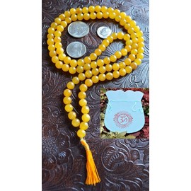YELLOW JADE 6-7 MM 108+1 PRAYER BEADS ROSARY JAAP JAPA MALA KARMA NECKLACE. BLESSED & ENERGIZED HINDU TIBETAN BUDDHIST SUBHA ROSARY FOR NIRVANA, BHAKTI, FOR REMOVING INNER DOSHAS, FOR CHANTING AUM OM, FOR AWAKENING CHAKRA, KUNDALINI THROUGH YOGA MEDITATI