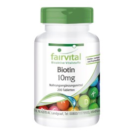 Fairvital Biotin 10 mg - with 10,000 mcg Vitamin B7 per Tablet - High Dose - for Skin & Hair - Vegan - 200 Tablets