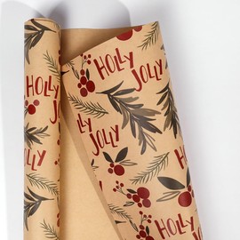 Holly Jolly Green Leaves Red Berries Kraft Brown Christmas Wrapping Paper - 1 Mini Roll 17 X 10 ft Per roll 14.1 sq.ft.ttl - Gift Wrap for Winter Solstice, Congrats, Holidays, Christmas, Weddings, Birthday, Parties, Nature Lover