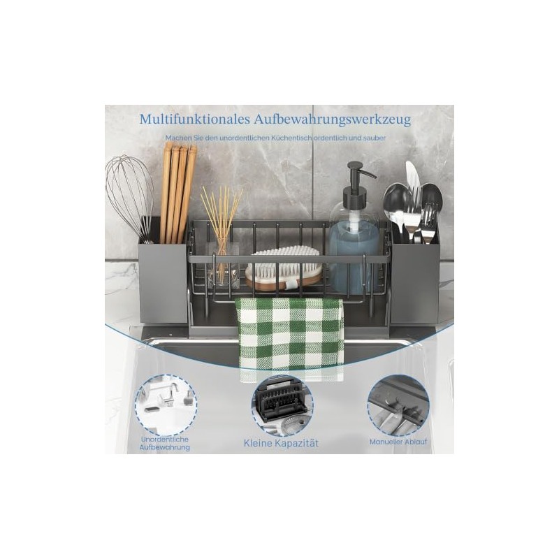 Sink Organiser Black with Towel Holder, Kitchen Organiser Sink with
