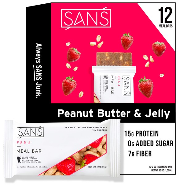 SANS PB and J Meal Replacement Protein Bar | All-Natural Nutrition Bar With No Added Sugar | Dairy-Free, Soy-Free, and Gluten-Free | 14 Essential Vitamins and Minerals | (12 Pack)