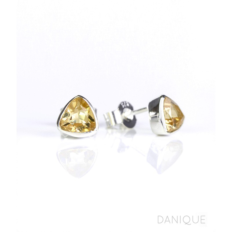 Citrine triangle stud earrings, everyday earrings, Vermeil Gold bezel set