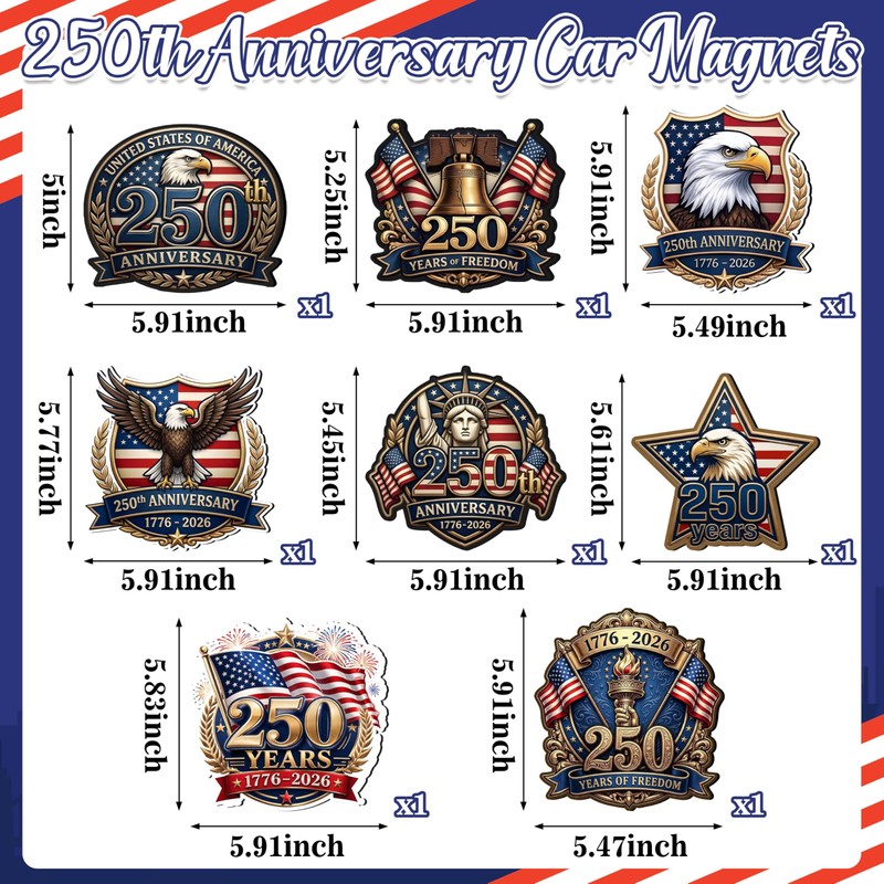 8 PCS 250th Anniversary USA Patriotic Car Magnet