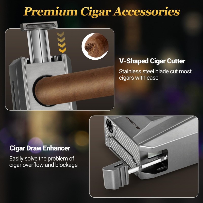 AWOTE Cigar Lighter with Double Jet Flame, Refillable Cigar Torch