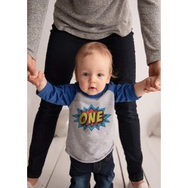 7 ate 9 Apparel Boy's Birthday Superhero One 1st 1 First Birthday Blue Raglan 12 Months