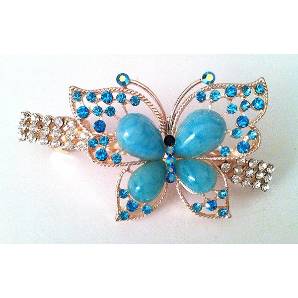 Bridal Hair Accessory Butterfly design hair clip Barrette style, Blue with diamond and crystal accents