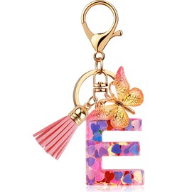 Initial Letter Keychain for Women Gift Cute Butterfly Tassel Resin Keychain Wallet Car Backpack Handbag Charm Accessories