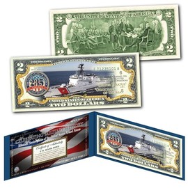 Coast Guard 235th Anniversary Milestones of The US Armed Forces Two Dollar Bill Collectible Blue Display Holder and Certificate