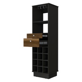 FM FURNITURE Hype Bar Cabinet with 12 Wine Cubbies, 2 Drawers, Glass Rack, and Shelf, Black and Walnut