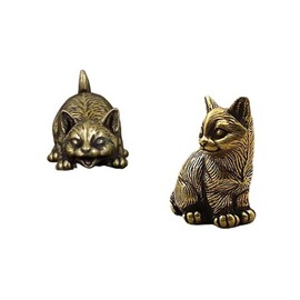zaoalife 2PCS Brass Cat Figurine,Cute Cat Figurines Small Animals Statues,Antique Bronze Small Cat Ornament, for Home Garden Decor
