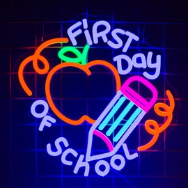 AUGELRE First Day Of School Neon Sign, Dimmables Neon Signs For Wall Decor, Light Up Signs for Reading Room Classroom Library Decoration Bookish Decor Gifts