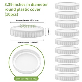 10 Pack WIDE Mouth Mason Jar Lids for More 3.38 inch - White Plastic Storage Caps for Wide Mouth Mason/Canning Jars - Leak-Proof ，Food Grade，86 mm