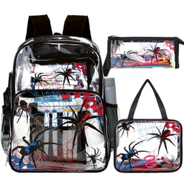 Kacctyen 3 Pcs Clear Backpack for Boys Girls Kids School Heavy Duty Clear Bookbag Transparent Backpack with Lunch Bag(Black,Spider)