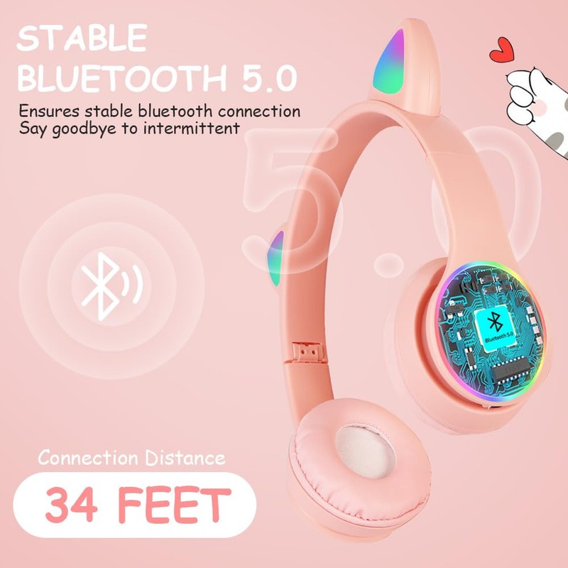 AXFEE Children's Headphones, Bluetooth, Girls' Cat Ear Headphones, Over-Ear with