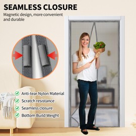 Magnetic Door Screen, Durable Reinforced Anti-Tear Mesh Self-Closing Curtain, Heavy Duty Screen Door with Full Frame Hook & Loop, Fit Door Size 38 x 82 Inch (Sliver)