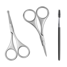 2Pcs Facial Hair Small Grooming Scissors +1pcs Eye Brow Brush For Men Women - Eyebrow, Nose Hair Ear Trimming Kit - Curved and Rounded Safety Tip Clippers