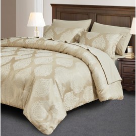 Chezmoi Collection Juliette 7-Piece Bed in a Bag Comforter Set Queen - Luxury Medallion Jacquard Comforter Set with Sheets for All Seasons, Gold