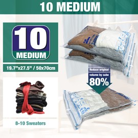 Vacuum Storage Bags, 10 Medium Space Saver Vacuum Seal Bags, Space Bags, Vacuum Sealer Bags for Clothes with Travel Hand Pump (10M)