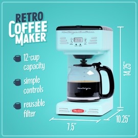 Nostalgia Retro 12-Cup Programmable Coffee Maker With LED Display, Automatic Shut-Off & Keep Warm, Pause-And-Serve Function, Aqua