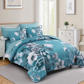 Luxudecor Floral Comforter Set Full Size 7 Piece, Teal Blue Flower Bed in a Bag, Elegant Comforter Bedding Set for All Season (Teal Blue, 80"x90")