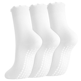 Guiqulai 3 Pairs Pilates Socks Women, Non Slip Ruffle Crew Yoga Socks with Grip for Barre Dance Barefoot Workout Pregnant