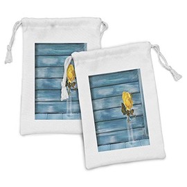 Ambesonne Rose Fabric Pouch Set of 2, Realistic Illustration of a Blooming Yellow Rose in a Clear Vase, Small Drawstring Bag for Toiletries Masks and Favors, 9" x 6", Petrol Blue Yellow