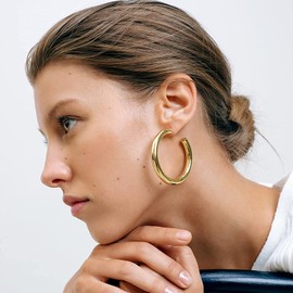 Thick Golden Hoop Earrings, Lightweight Chunky Gold Hoops for Women, Hypoallergenic, Large Hollow Tube Ring 25 mm / 30 mm / 40 mm / 50 mm, Copper, C tube - 40 mm