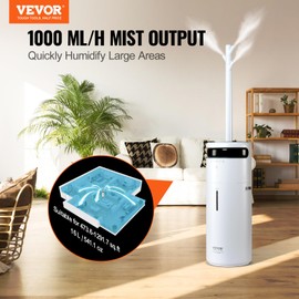 VEVOR Humidifier for Home Large Room, Commercial Humidifier for Whole House 1291.7 sq ft, 16L Water Tank & Night Light & 12h Timer & Auto Shut-Off, Greenhouse, Commercial Branch Tube w/ 360° Nozzle