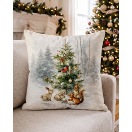 Woodland Animals Christmas Pillow Cover 18x18, Snowy Tree Decor