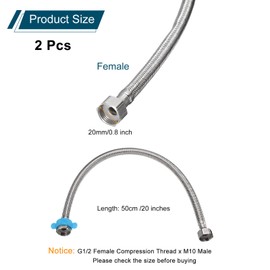 QUARKZMAN 2 Stück 20" Wasserhahn Anschlussschläuche Edelstahl Geflochten Lange Wasserhahn Anschluss G1/2 Weibliches Druckgewinde x G1/2 Weibliches Gerades Gewinde für Badezimmer (Silber)