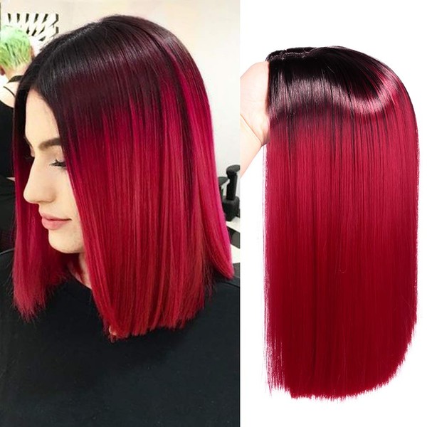 Quick Wig Ombre Wigs Short Straight Bob Wig Black to Red Middle Part Heat Resistant Fiber Synthetic Daily Party Cosplay Wigs for Women